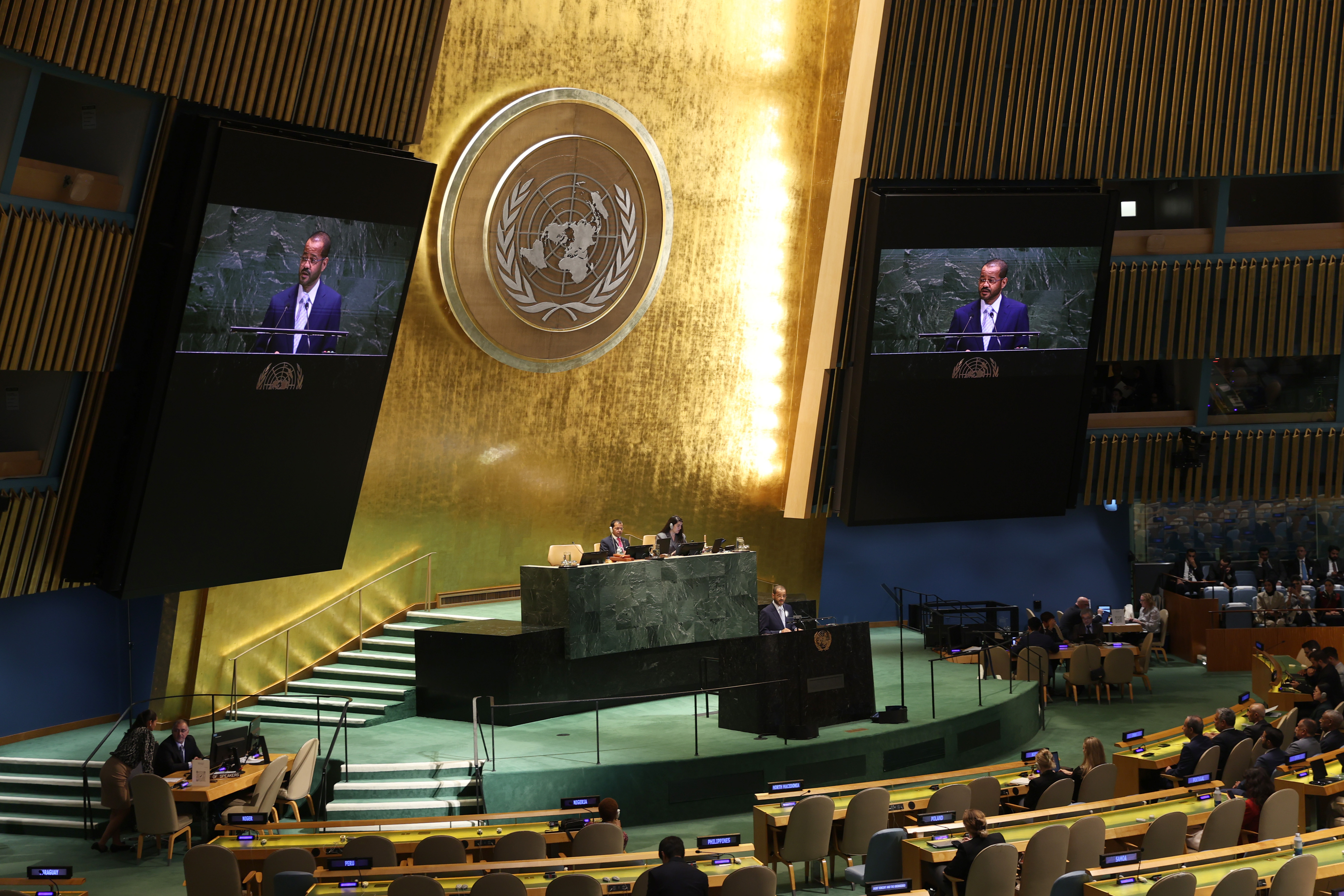 Oman Foreign Minister Badr al-Busaidi addresses the 80th session of the United Nations General Assembly, Saturday, Sept. 27, 2025, at UN headquarters. (AP)
